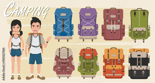 Vector illustration with cartoon flat backpack and sport suitcase. Flat school backpack. Mountain tourist equipment. Hiking, camping, climbing