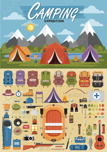 Camping equipment vector collection. . Base camp gear and accessories. Camping icon set. Hiking icons set.