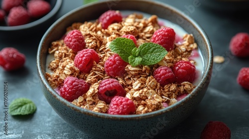 A bowl of granola with yogurt, raspberries, and mint leaves.