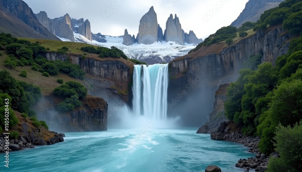 Fototapeta premium A majestic waterfall cascades into a vibrant blue river surrounded by towering mountains and lush greenery