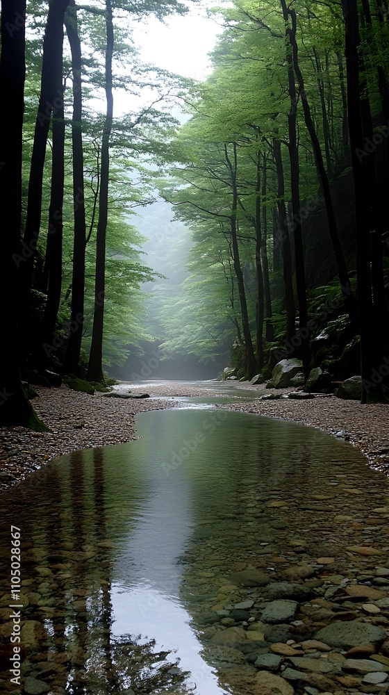 Obraz premium A peaceful mountain river winding through dense forest, with rocky trekking paths along the riverbanks. Clear water reflecting the greenery, perfect for showcasing natural adventure landscapes.