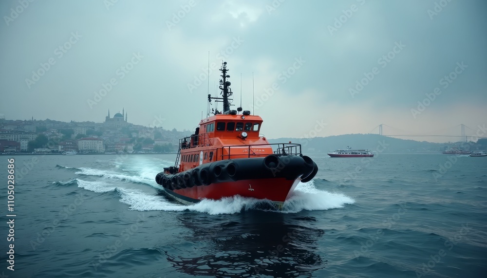 Orange rescue boat speeding across water Orange rescue boat speeding across water