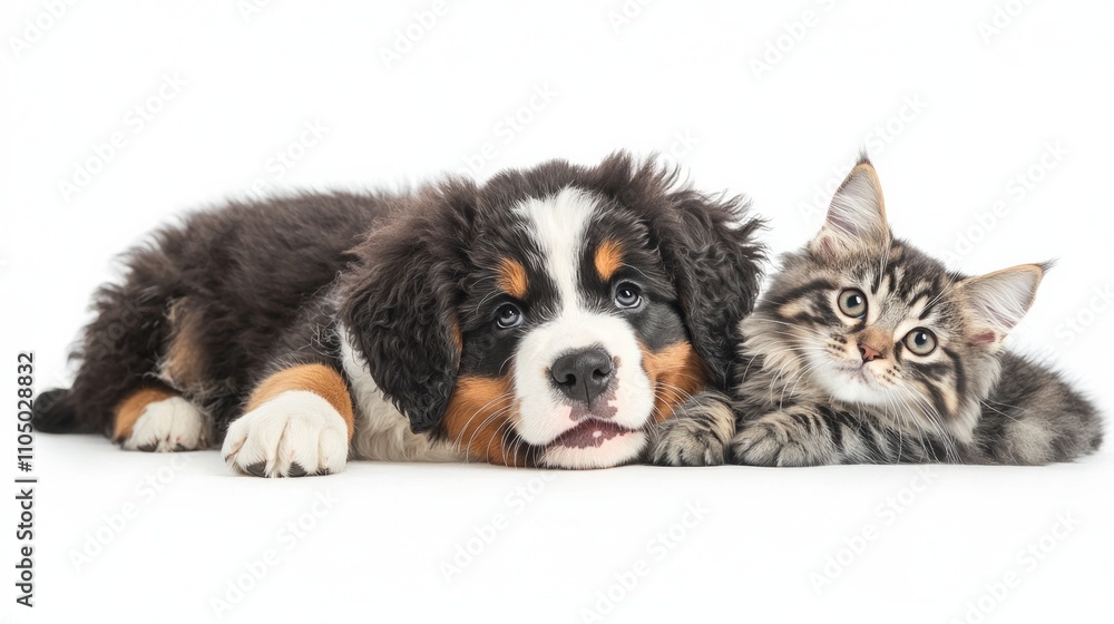 Fototapeta premium Puppy and kitten relaxing together on a white background, showcasing their adorable friendship
