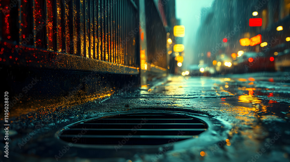 Rainy City Street at Night, Urban Scene with Glowing Lights and Wet Pavement, Reflecting City Lights in Puddles, Stormy Night Ambiance Rainy City Street at Night, Urban Scene with Glowing Lights and Wet Pavement, Reflecting City Lights in Puddles, Stormy Night Ambiance
