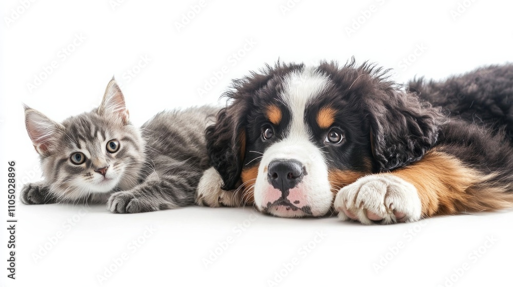 Obraz premium Two adorable pets relax together on a white background, showcasing the bond between a puppy and a kitten in a cozy moment