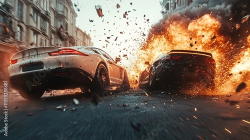 Wide-angle shot of two cars dramatically colliding in a cinematic scene, capturing the intensity and motion of the crash.