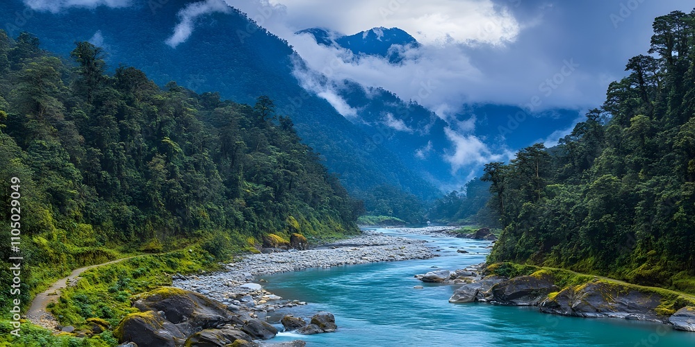 Obraz premium A peaceful mountain river winding through dense forest, with rocky trekking paths along the riverbanks. Clear water reflecting the greenery, perfect for showcasing natural adventure landscapes.