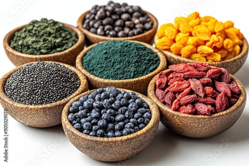 Superfoods like acai, spirulina, and goji berries arranged innovatively , emphasizing health-focused trends. photo