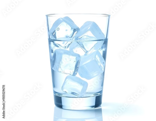 glass, clear, ice, cubes, photorealistic, isolated, image, transparency, reflections, white, background, beverage, drink, frozen, cold, refreshment, realistic, detailed, centered, shiny, glossy, 