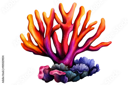 Vibrant coral reef structure with colorful corals, white isolated background. photo