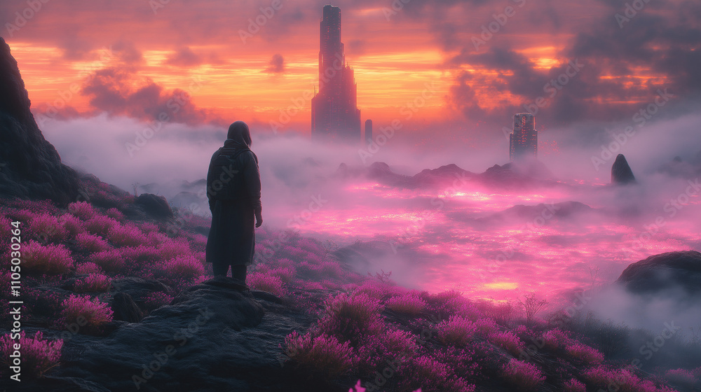 Futuristic Wanderer Overlooking Neon Pink Landscape and Distant Sci-Fi City at Sunset Futuristic Wanderer Overlooking Neon Pink Landscape and Distant Sci-Fi City at Sunset