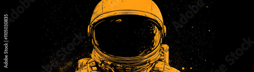 Astronaut Illustration, Cosmic Voyage, Golden Hues on Black Background, Bold Strokes Depict Spacesuit, Starry Night Backdrop photo