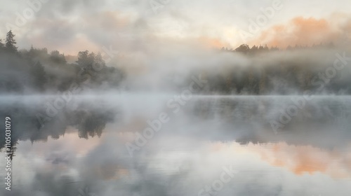 Wallpaper Mural Misty Morning Lake Reflecting Foggy Trees Torontodigital.ca