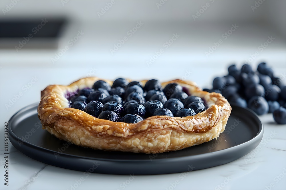 Tarte aux myrtilles. Close-up of a blueberry tart with softened, pasty topping on a white plate, dark countertop, soft lighting, and decorative blueberries Tarte aux myrtilles. Close-up of a blueberry tart with softened, pasty topping on a white plate, dark countertop, soft lighting, and decorative blueberries