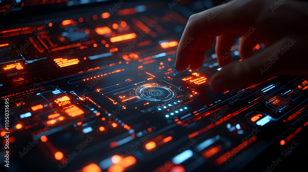 Futuristic Interface, Glowing Orange and Blue Digital HUD Interacting with Technology Futuristic Interface, Glowing Orange and Blue Digital HUD Interacting with Technology