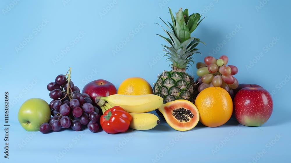 An assortment of fresh fruit on a blue background. An assortment of fresh fruit on a blue background.