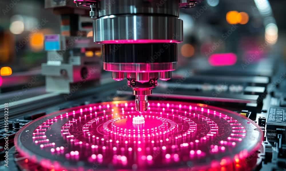 A close-up of a precision CNC machine with vibrant LED lights. A close-up of a precision CNC machine with vibrant LED lights.