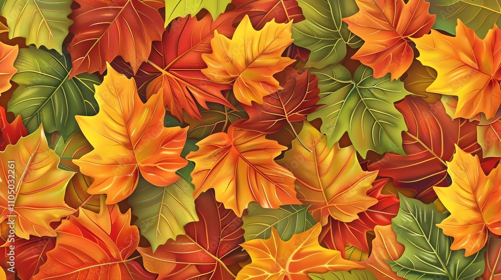 A pattern of autumn leaves in shades of red, yellow, and green. A pattern of autumn leaves in shades of red, yellow, and green.
