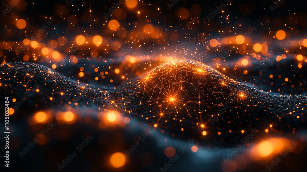 Fototapeta premium Abstract digital terrain with sparkling orange light particles in a futuristic atmosphere