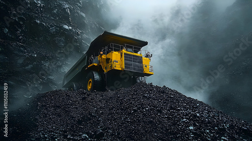 Massive Mining Truck Ascends Coal Mountain, Heavy Duty Vehicle Hauls Ore in Misty Quarry