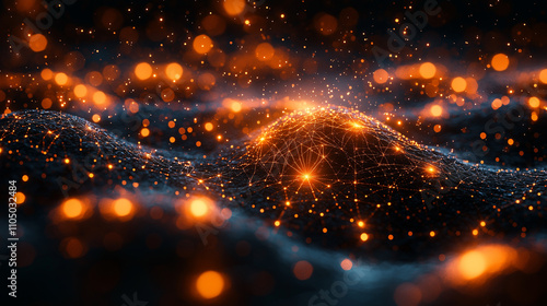 Abstract digital terrain with sparkling orange light particles in a futuristic atmosphere