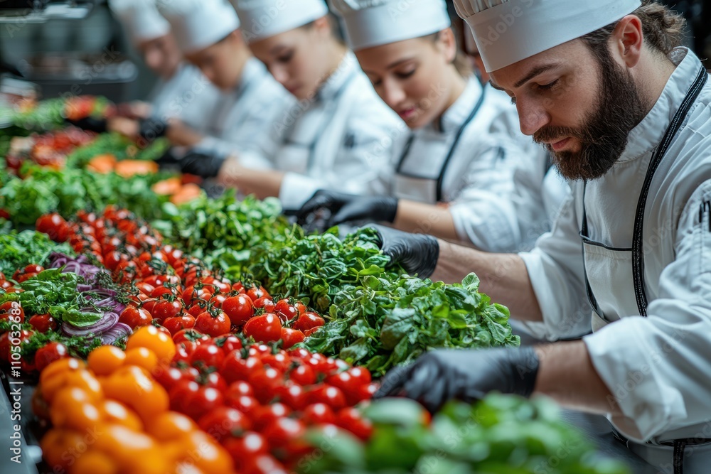 Young chefs arranging vibrant plant-based food plates , focusing on sustainability and fun cooking. Young chefs arranging vibrant plant-based food plates , focusing on sustainability and fun cooking.
