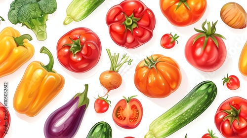 A seamless pattern of fresh vegetables, including tomatoes, peppers, eggplant, zucchini, and carrots.
