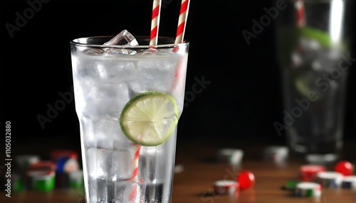 Cold drink in a transparent glass with refreshing bubbles.