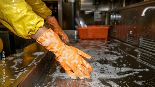 Hands in Orange Gloves Wash a Soapy Surface; Cleaning Process in a Commercial Kitchen Setting