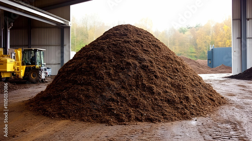 Massive Wood Chip Pile in Industrial Setting,  A large mound of processed wood chips sits within a warehouse, ready for distribution. photo