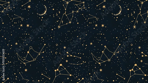 A seamless pattern of constellations and stars on a dark blue background.