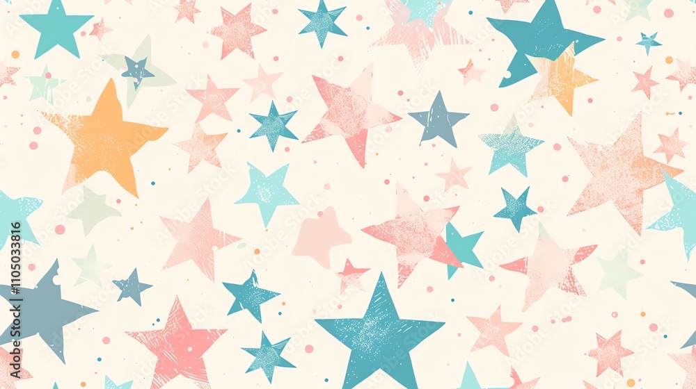 A seamless pattern of colorful stars in shades of blue, orange, pink and black on a cream background. A seamless pattern of colorful stars in shades of blue, orange, pink and black on a cream background.