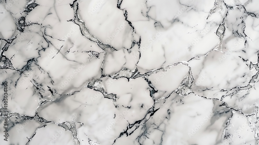 A close up of white marble with black and gray veins. A close up of white marble with black and gray veins.