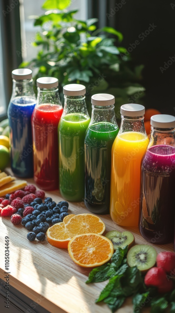 Chakra-themed fresh juice bottles arranged with corresponding fruits for wellness Chakra-themed fresh juice bottles arranged with corresponding fruits for wellness