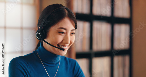 Fotografie Customer service, headset or Asian woman in call center or home office for international technical support