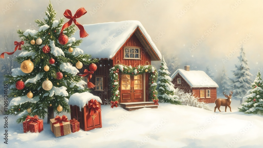 Cozy Rural Christmas Cabin in a Snowy Winter Wonderland Landscape Cozy Rural Christmas Cabin in a Snowy Winter Wonderland Landscape