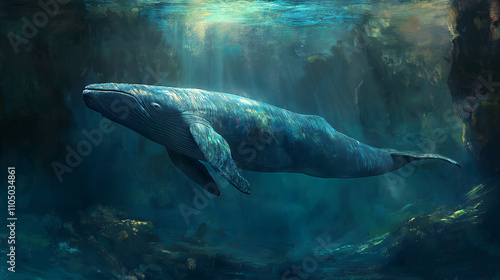 A hyper-realistic, detailed underwater scene featuring a majestic blue whale swimming gracefully through deep ocean waters. The whale should be depicted in its full length, with its massive body photo