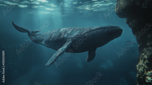 A hyper-realistic, detailed underwater scene featuring a majestic blue whale swimming gracefully through deep ocean waters. The whale should be depicted in its full length, with its massive body photo