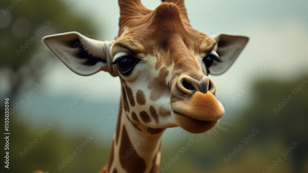Obraz premium Capture a close-up of a giraffe’s face, emphasizing its expressive eyes, long neck, and unique spots. Natural light highlights its graceful, majestic presence against a soft, blurred background.