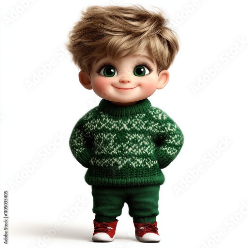 3D boy a green knit sweater exuding warmth and cuteness, perfect for seasonal designs, fashion campaigns, or lifestyle branding for promoting cozy winter styles and family-friendly products.