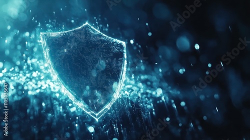 A glowing shield symbol amidst a digital water-like background.