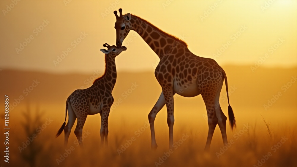 Obraz premium Capture a heartwarming moment of a giraffe mother gently nuzzling her playful calf in the wild. Their bond is showcased against a golden savannah, evoking tenderness and care.