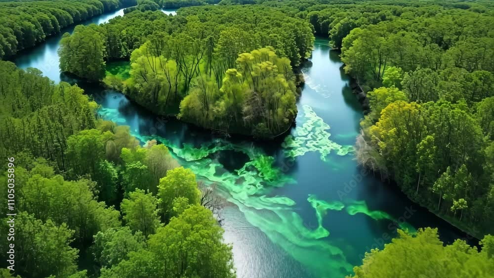 Bird eye view of amazing blooming algae on green river. Earth day concept. Bird eye view of amazing blooming algae on green river. Earth day concept.