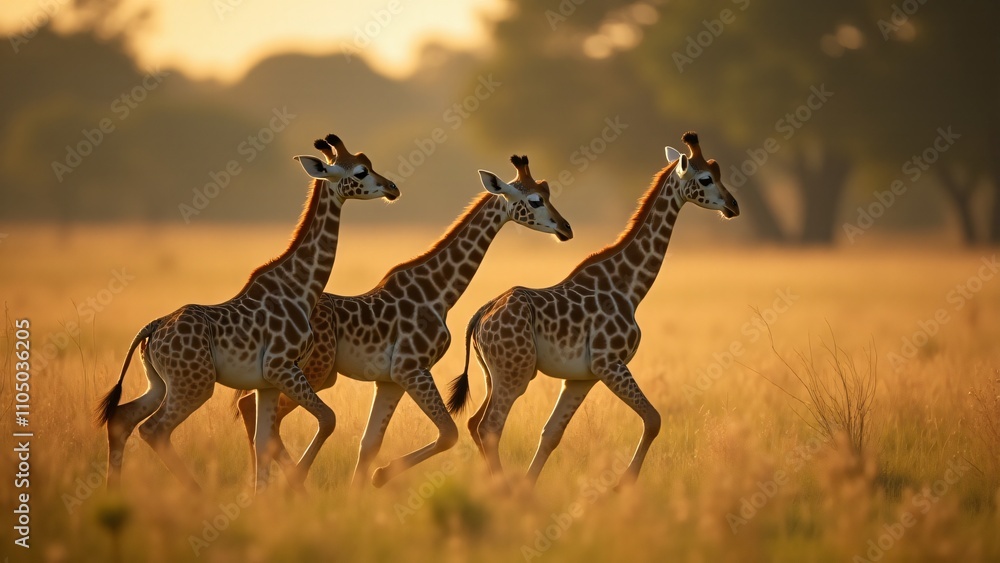 Obraz premium Capture playful giraffe calves frolicking in the African savannah. Their energetic movements and innocent joy shine through as they run and play in the tall grass.