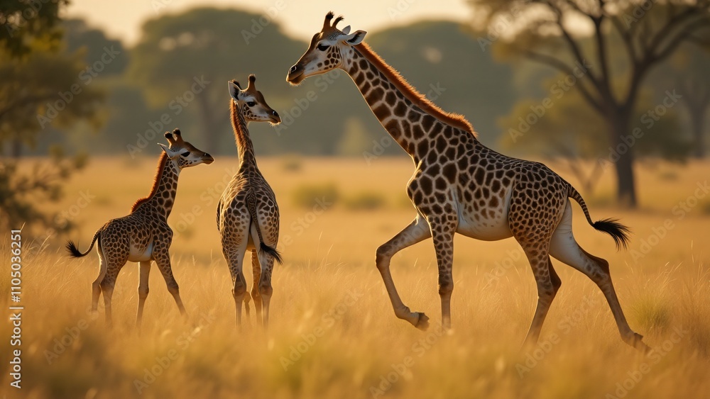 Obraz premium Capture playful giraffe calves frolicking in the African savannah. Their energetic movements and innocent joy shine through as they run and play in the tall grass.