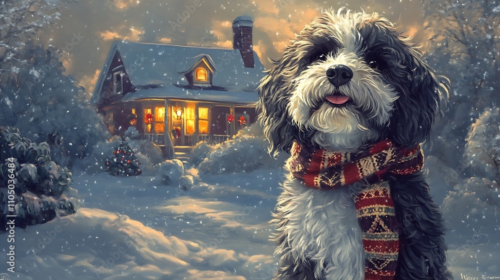 A cheerful dog wearing a scarf stands in a snowy winter scene, with a cozy house illuminated in the background. A cheerful dog wearing a scarf stands in a snowy winter scene, with a cozy house illuminated in the background.