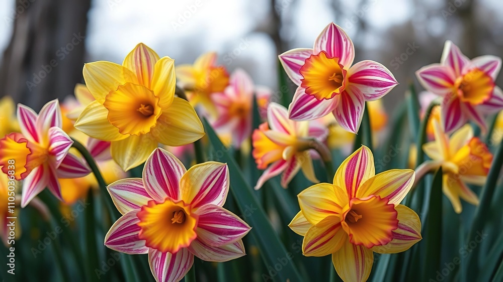 Vibrant yellow and pink striped daffodils, whimsical garden features, colorful flowers, garden decorations ideas Vibrant yellow and pink striped daffodils, whimsical garden features, colorful flowers, garden decorations ideas