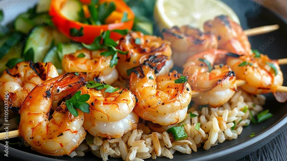Grilled shrimp skewers served over rice with fresh vegetables and lime, showcasing a vibrant, tasty seafood meal. Grilled shrimp skewers served over rice with fresh vegetables and lime, showcasing a vibrant, tasty seafood meal.