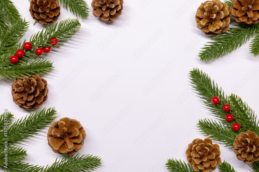 festive pinecone and fir branch frame with red berries on white background, christmas decoration concept festive pinecone and fir branch frame with red berries on white background, christmas decoration concept