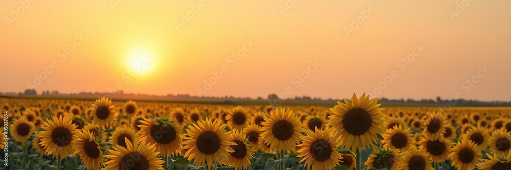Obraz premium Warm sunlight casting long shadows across the vibrant yellow petals of sunflowers in a vast open field at sunset, sunset landscape, golden hues